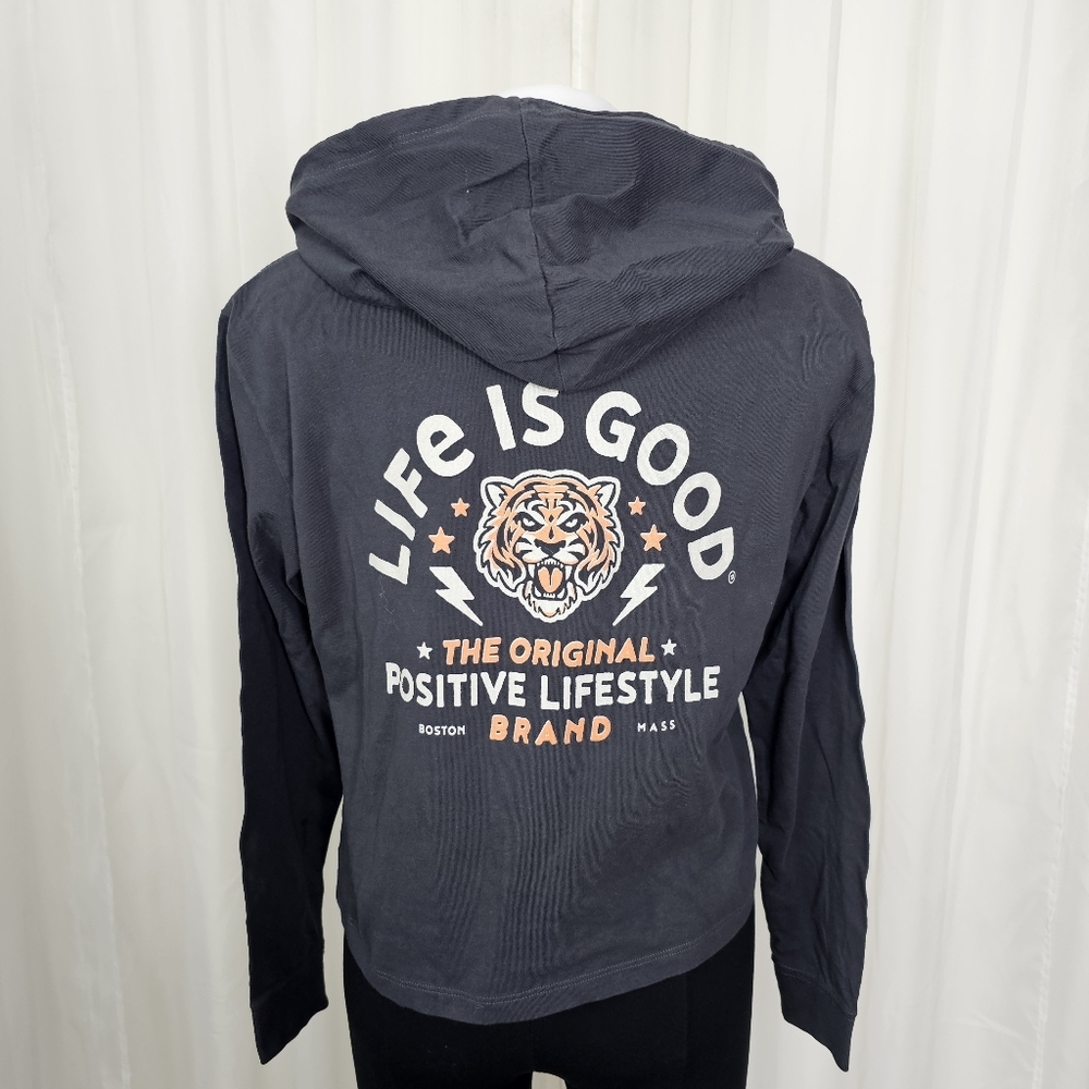 Life Is Good Dark Charcoal Gray Boxy Hoodie Tee Tiger Crush Strike Graphic Small